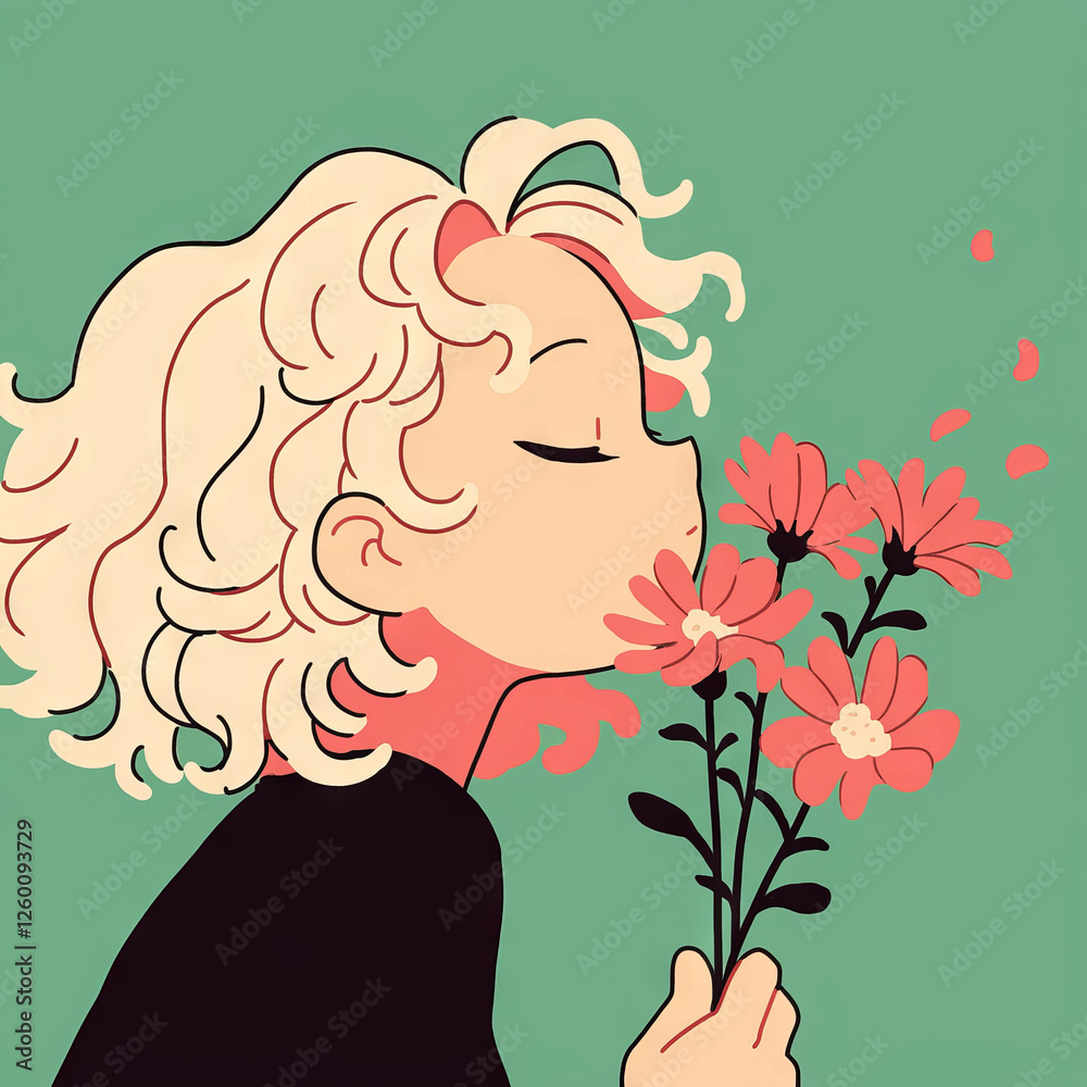 Person enjoying flowers with a joyful expression in a colorful and artistic style Person enjoying flowers with a joyful expression in a colorful and artistic style