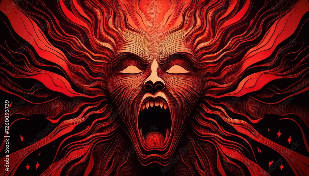 Fototapeta Demon face in red and black tones, intense and menacing concept of horror, dark fantasy, gaming

