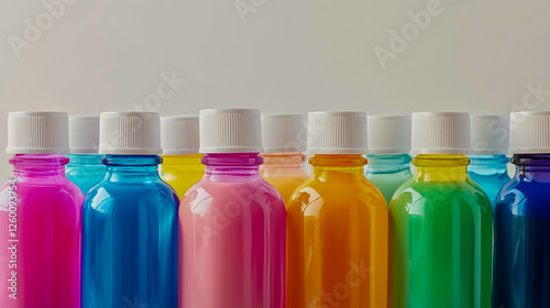 Colorful paint bottles with white caps arranged in vibrant display