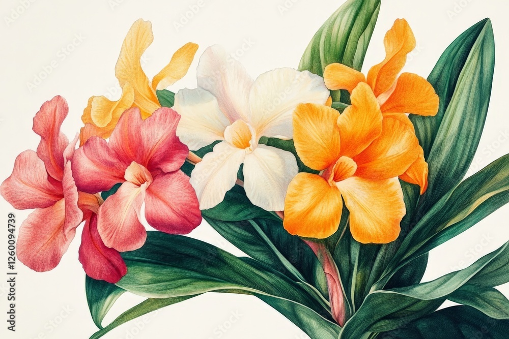 Obraz premium Beautiful bouquet of colorful orchids showcasing vibrant petals and lush green leaves in a serene arrangement