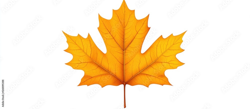 Fototapeta premium Bright yellow orange autumn maple leaf featuring detailed veins isolated on a clean white background positioned centrally for herbarium use