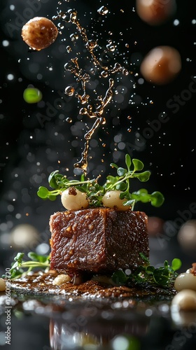 Fototapeta Naklejka Na Ścianę i Meble -  Culinary Explosion: A decadent cube of  seared meat, artfully plated with  herbs and glistening sauce droplets, is captured mid-air with small spheres exploding around it.