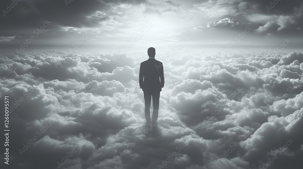 facing my faith conceptual image of a businessman standing in the middle of the clouds facing my faith conceptual image of a businessman standing in the middle of the clouds