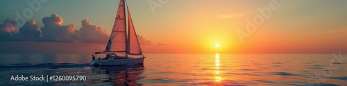 Sailboat gliding on calm ocean towards rising sun, vibrant, vessel, maritime