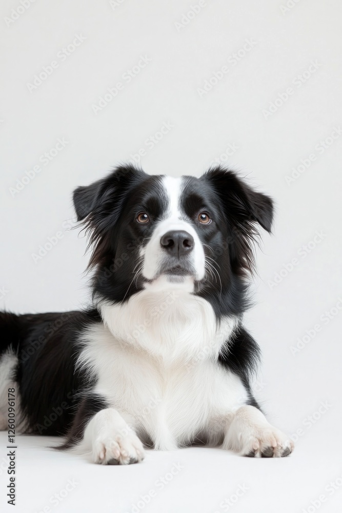 Black and white dog rests gracefully against minimalist backgrou Black and white dog rests gracefully against minimalist backgrou