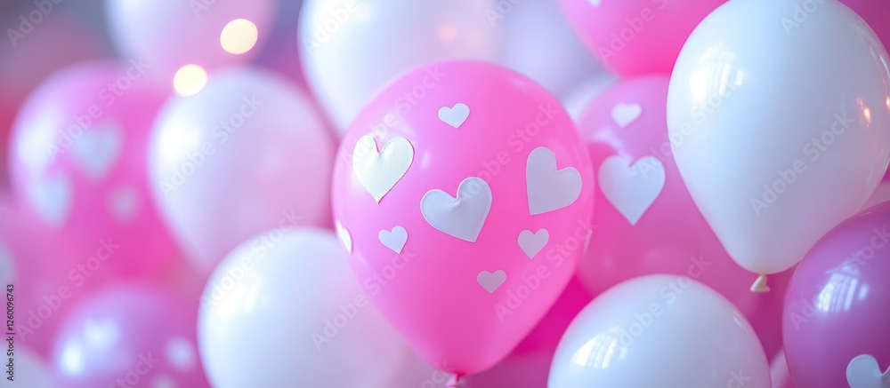 Vibrant pink and white balloons with heart patterns arranged in a close-up composition highlighting their playful charm and festive colors. Vibrant pink and white balloons with heart patterns arranged in a close-up composition highlighting their playful charm and festive colors.