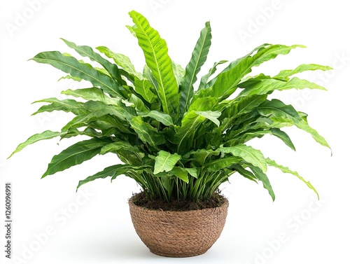 Lush Asplenium nidus in pot, white background, home decor