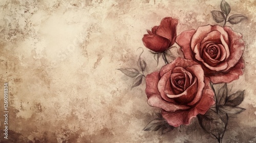 Hand-painted vintage rose flowers on textured background backdrop