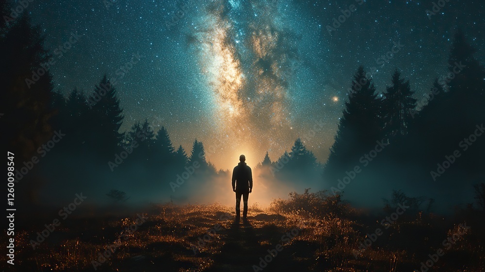 Fototapeta premium facing my faith man in foggy forest with starry sky and milky way