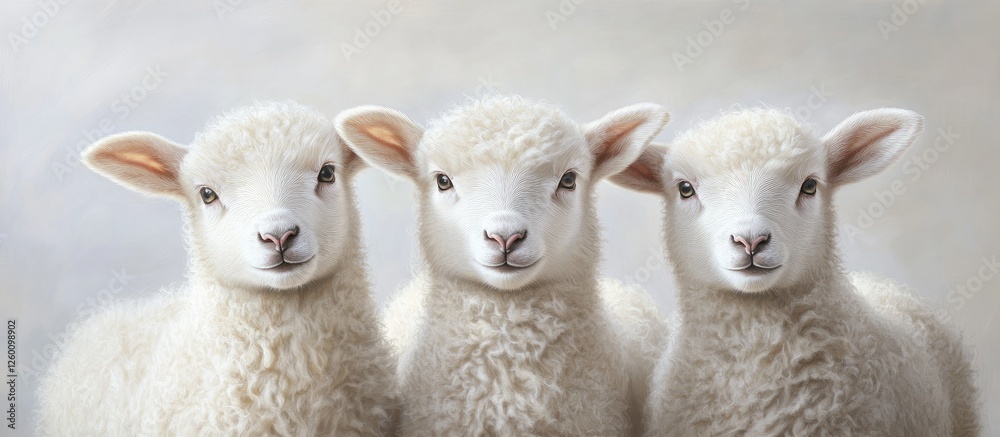 Obraz premium Three fluffy white lambs standing close together against a soft gray background, radiating innocence and joy, perfect for wedding wishes.