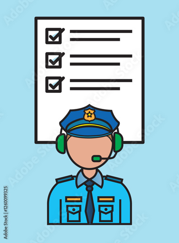 Illustration of a police officer wearing a headset, providing emergency assistance, with a checklist in the background, symbolizing law enforcement support services