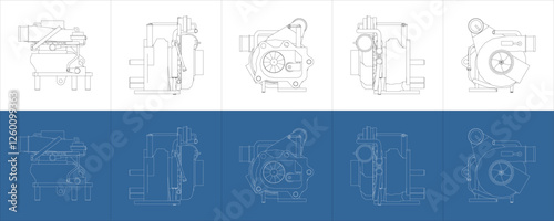 Set Car Turbocharger Blueprint Technical Line Drawing for Automotive Engineering from all side