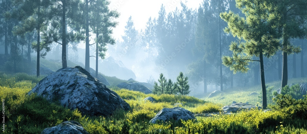 Fototapeta premium Serene misty forest landscape with lush green grass and tall pine trees, soft blue tones, large rocks scattered throughout the vibrant scene.