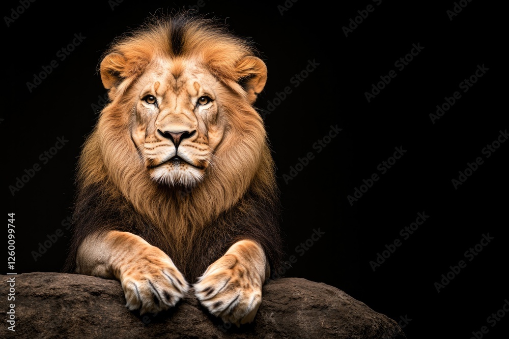 Fototapeta premium Majestic lion with powerful gaze resting gracefully against dark