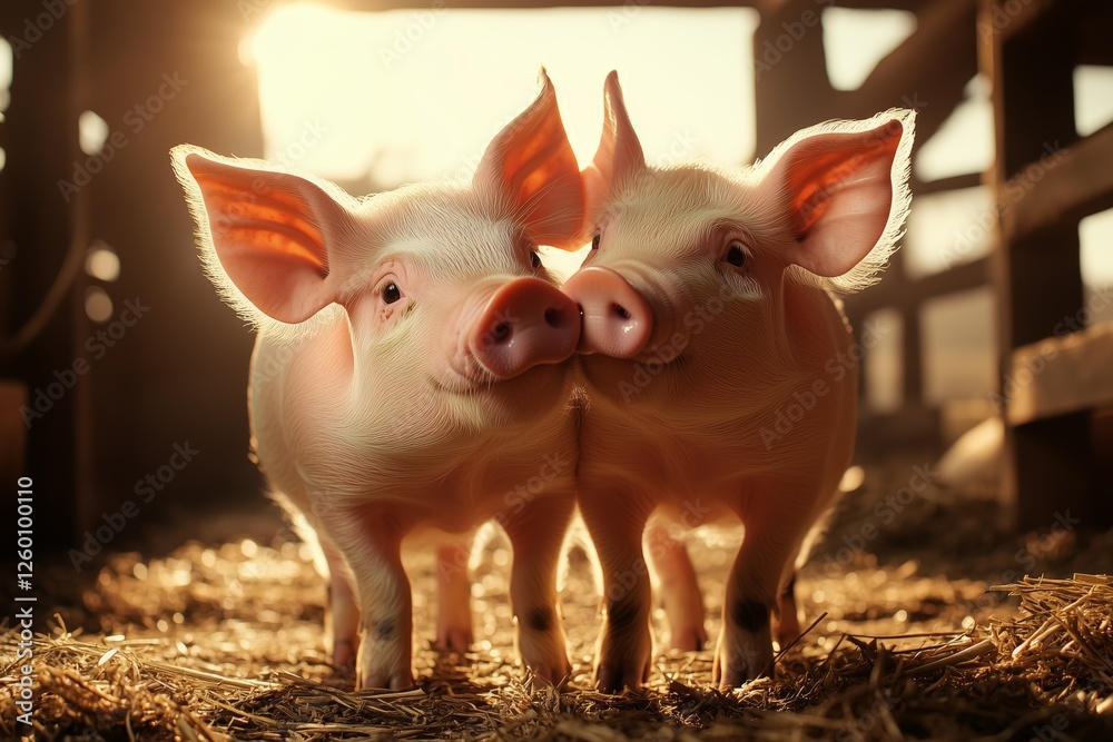 Cute piglets share a moment in a sunny barn at golden hour in the countryside Cute piglets share a moment in a sunny barn at golden hour in the countryside