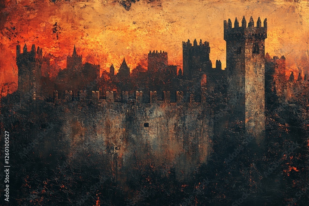 Naklejka premium Dark fortress silhouette against a vibrant sunset sky with a dramatic atmosphere