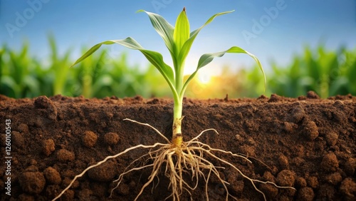 Root system of corn seedling in soil with roots growing downwards and outwards