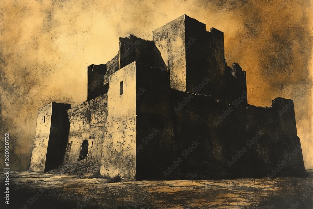 Obraz premium Ruins of a historic fortress against a dramatic orange sky during twilight hours