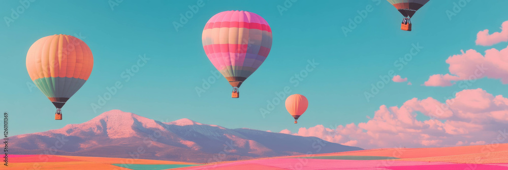 Fototapeta premium Balloons rise above colorful fields and distant mountains during a clear day