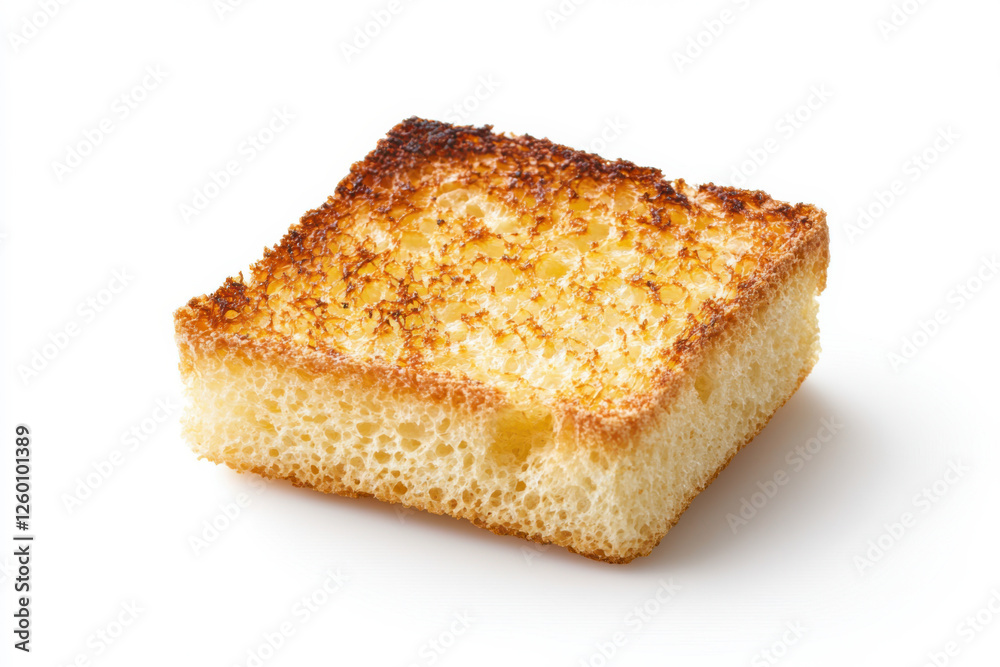 A golden-brown slice of toasted bread served on a white background. isolated on white background. A golden-brown slice of toasted bread served on a white background. isolated on white background.