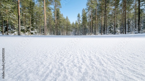 Snowy pine forest path, winter wonderland, sunlit landscape, perfect for backgrounds, prints, and stock photography photo
