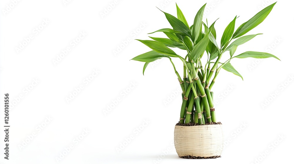 Fototapeta premium Lucky bamboo plant in pot, white background, home decor, indoor plant