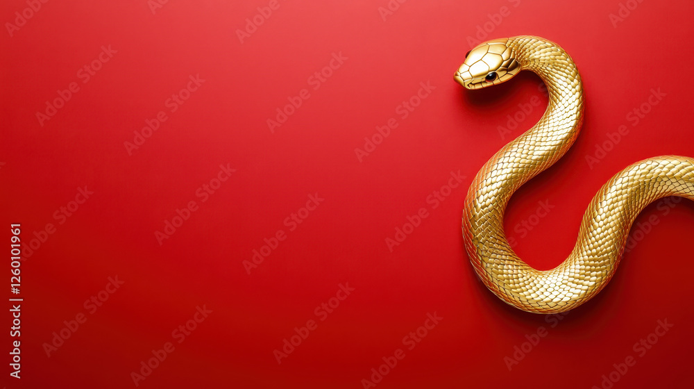 Obraz premium A stunning golden snake gracefully curved on a vibrant red background.