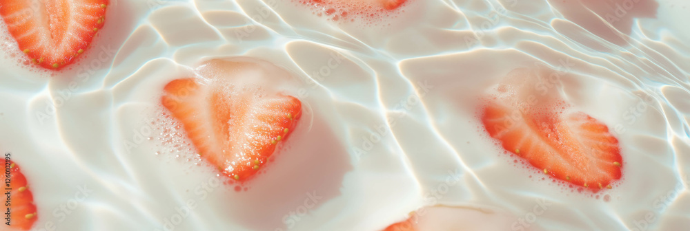 Ripples of rice milk with fresh strawberry halves creating a refreshing visual effect Ripples of rice milk with fresh strawberry halves creating a refreshing visual effect