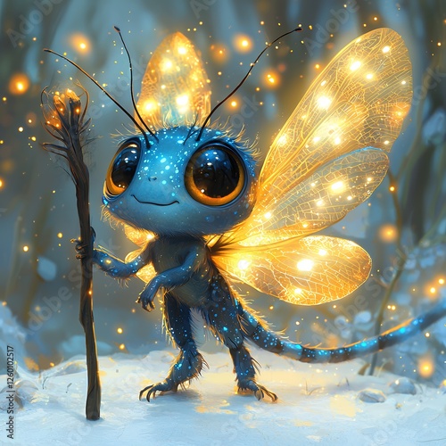 Sparkling Fantasy Creature with Luminous Wings and Magical Staff