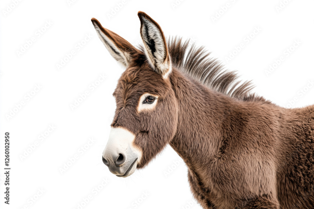 Close-up portrait of a donkey with expressive eyes and fluffy ears on a white background. isolated on white background. Close-up portrait of a donkey with expressive eyes and fluffy ears on a white background. isolated on white background.