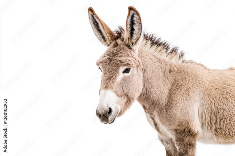 Close-up portrait of a donkey with expressive ears and gentle eyes. isolated on white background. Close-up portrait of a donkey with expressive ears and gentle eyes. isolated on white background.