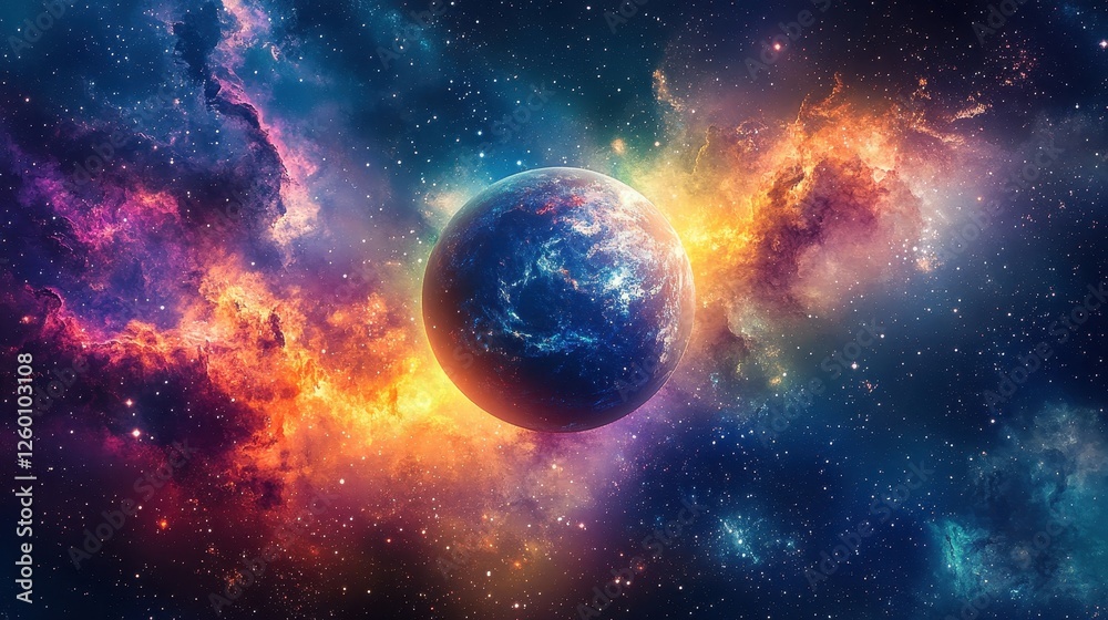 Obraz premium A beautiful blue planet sits amidst a vibrant colorful nebula