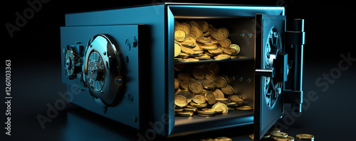 Safe overflowing with gold coins illuminated against a dark background in a dramatic display of wealth and security