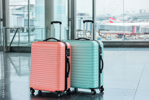 Colorful modern suitcases on wheels at the airport terminal ready for travel adventures.