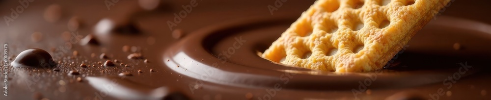 Crispy wafer submerged in rich, flowing dark chocolate , melt, cocoa, dessert photography Crispy wafer submerged in rich, flowing dark chocolate , melt, cocoa, dessert photography