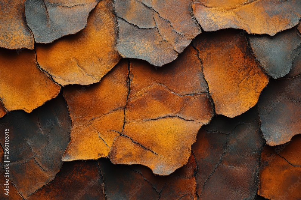Fototapeta premium Textured surface of weathered leather with shades of brown and orange in artistic design