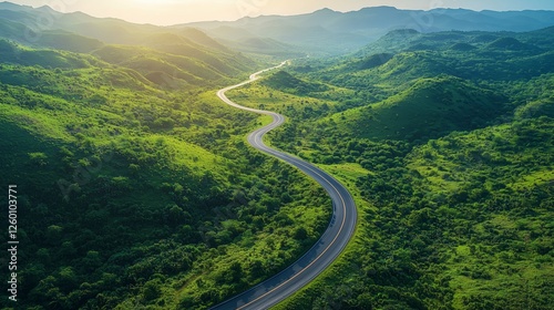 Scenic Curving Road Through Lush Green Landscape at Sunrise