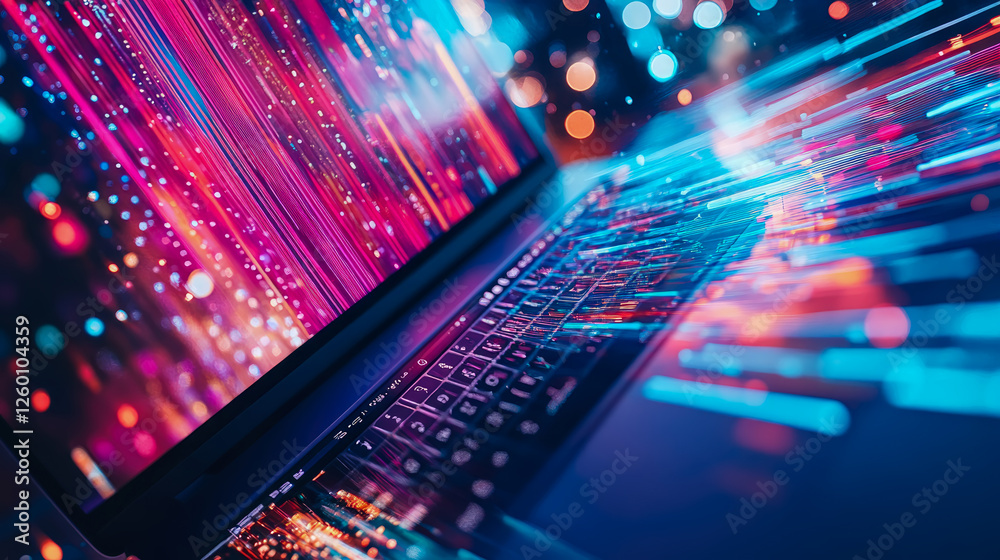 Obraz premium Cybernetic Speed: Laptop displaying accelerated digital flow for high tech industry