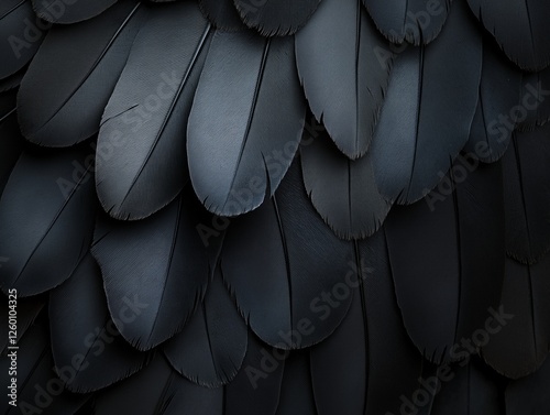 Close-up of layered black feathers with intricate textures and a natural sheen catching the light.