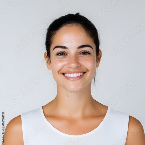 Happy woman headshot, studio portrait, neutral background, profile image