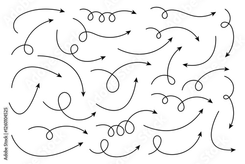Collection of curved arrows. Set of curved hand drawn arrows.