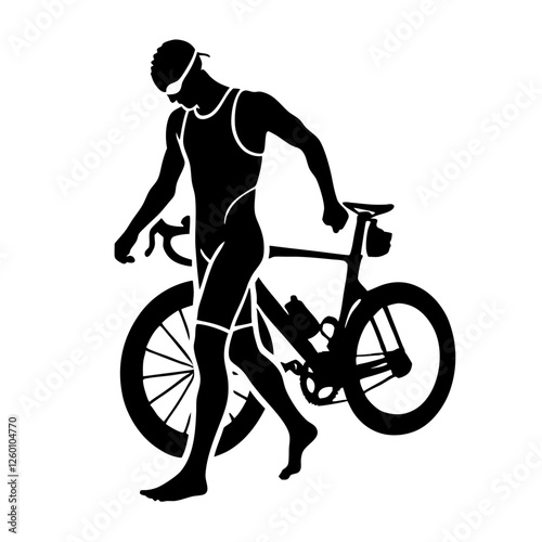 Triathlete transitioning between sports with a bicycle in a focused manner