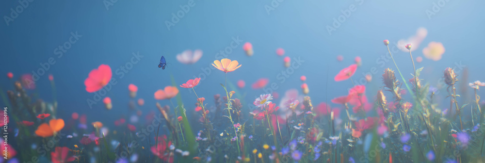 Delicate meadows adorned with vibrant flowers and imagined butterfly trails in a serene setting