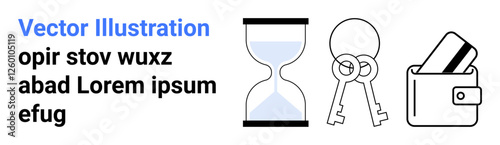 Black hourglass, pair of keys, open wallet with credit cards above bold sample text. Ideal for time management, security, finance tips, online services, personal organization, efficiency banking