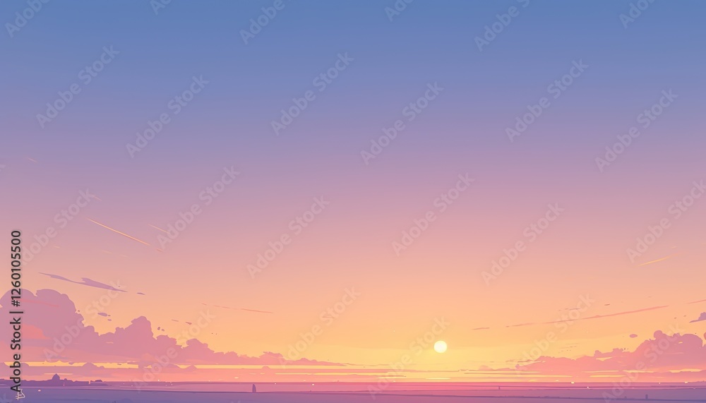 Naklejka premium Pastel sunset over calm ocean, distant city silhouette, background use