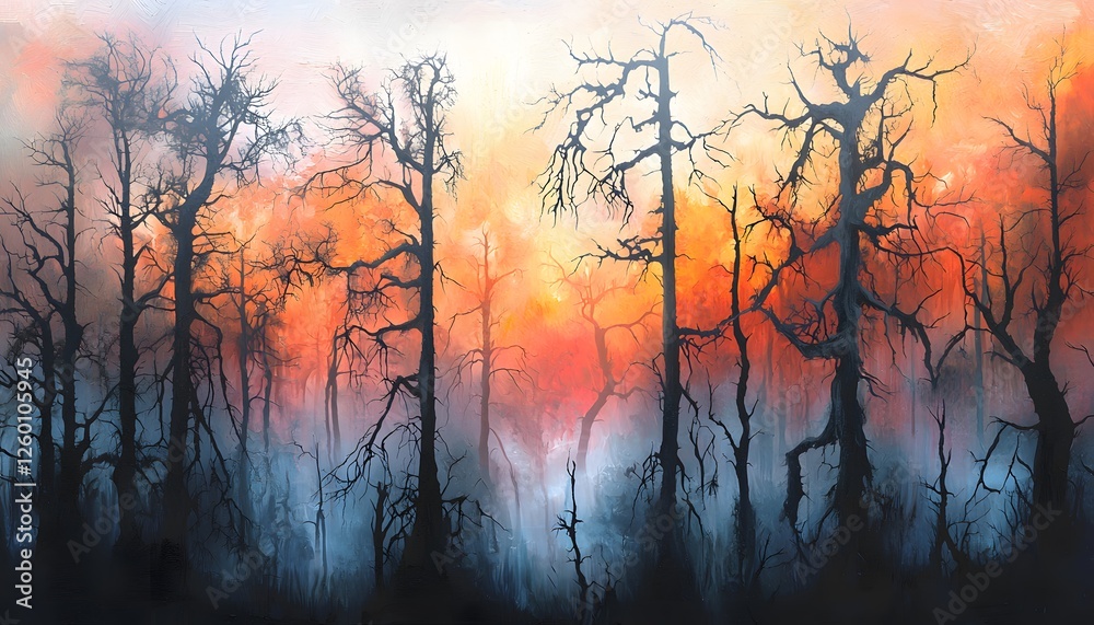 Obraz premium A dramatic forest at twilight with vibrant orange and pink skies visible through the silhouetted trees, creating a serene yet mysterious atmosphere