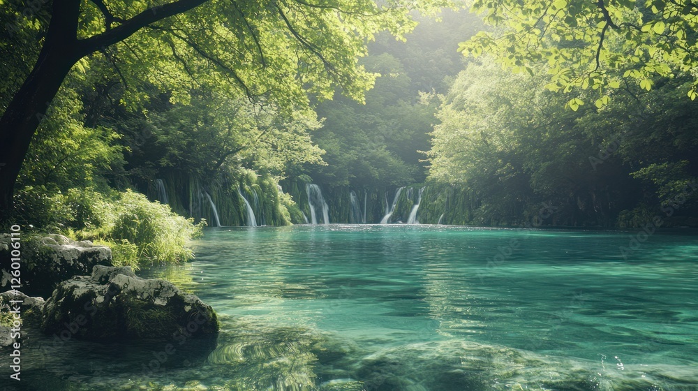Obraz premium Serene Waterfall Pool in Lush Forest