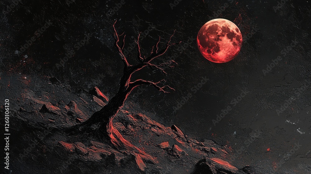 custom made wallpaper toronto digitalEerie landscape featuring a solitary tree under a blood moon