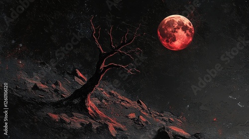 Wallpaper Mural Eerie landscape featuring a solitary tree under a blood moon Torontodigital.ca