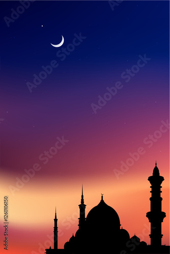 Sky at the last light of the setting sun. Silhouette of mosque dome. Crescent moon and stars in the distant sky for Muslims of Islam. Eid al-Adha, Eid al-Mubarak, Eid al-Fitr, Ramadan Kareem, Muharram